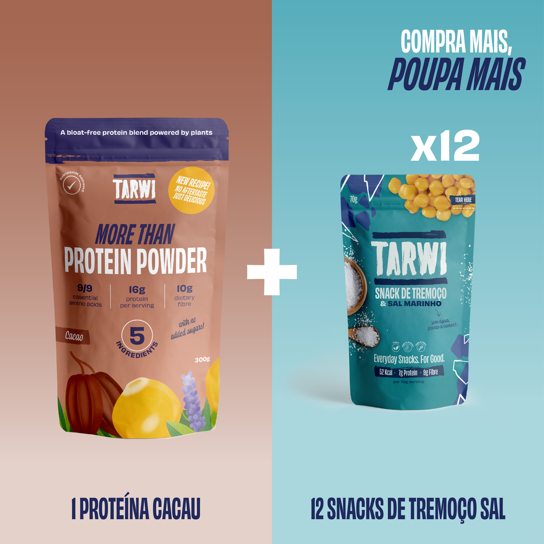 Proteína Vegetal Cacau Tarwi + Snacks de Tremoço Sal Marinho Tarwi