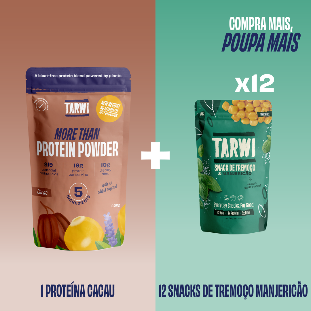Proteína Vegetal Cacau Tarwi + Snacks de Tremoço Manjericão Tarwi
