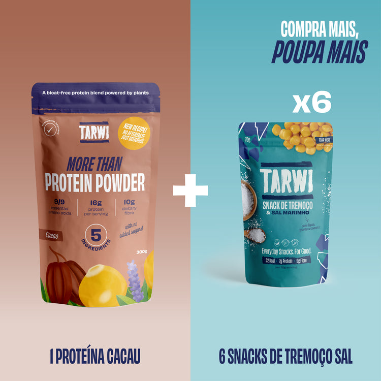 Proteína Vegetal Cacau Tarwi + Snacks de Tremoço Sal Marinho Tarwi