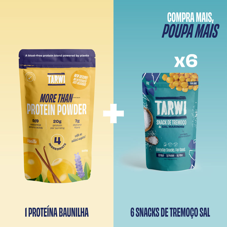 Proteína Vegetal Baunilha Tarwi + Snacks de Tremoço Sal Marinho Tarwi