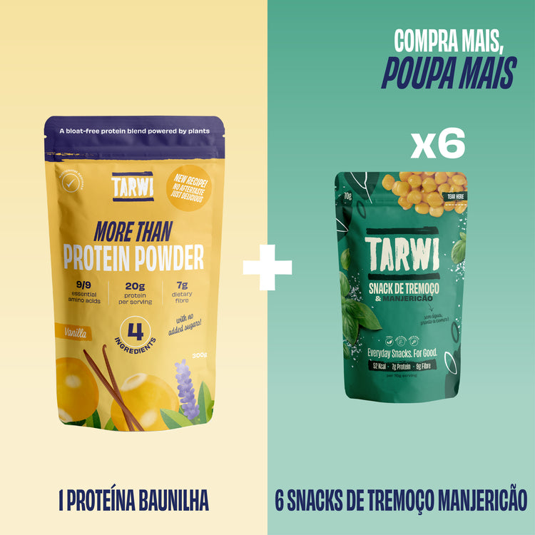 Proteína Vegetal Baunilha Tarwi + Snacks de Tremoço Manjericão Tarwi