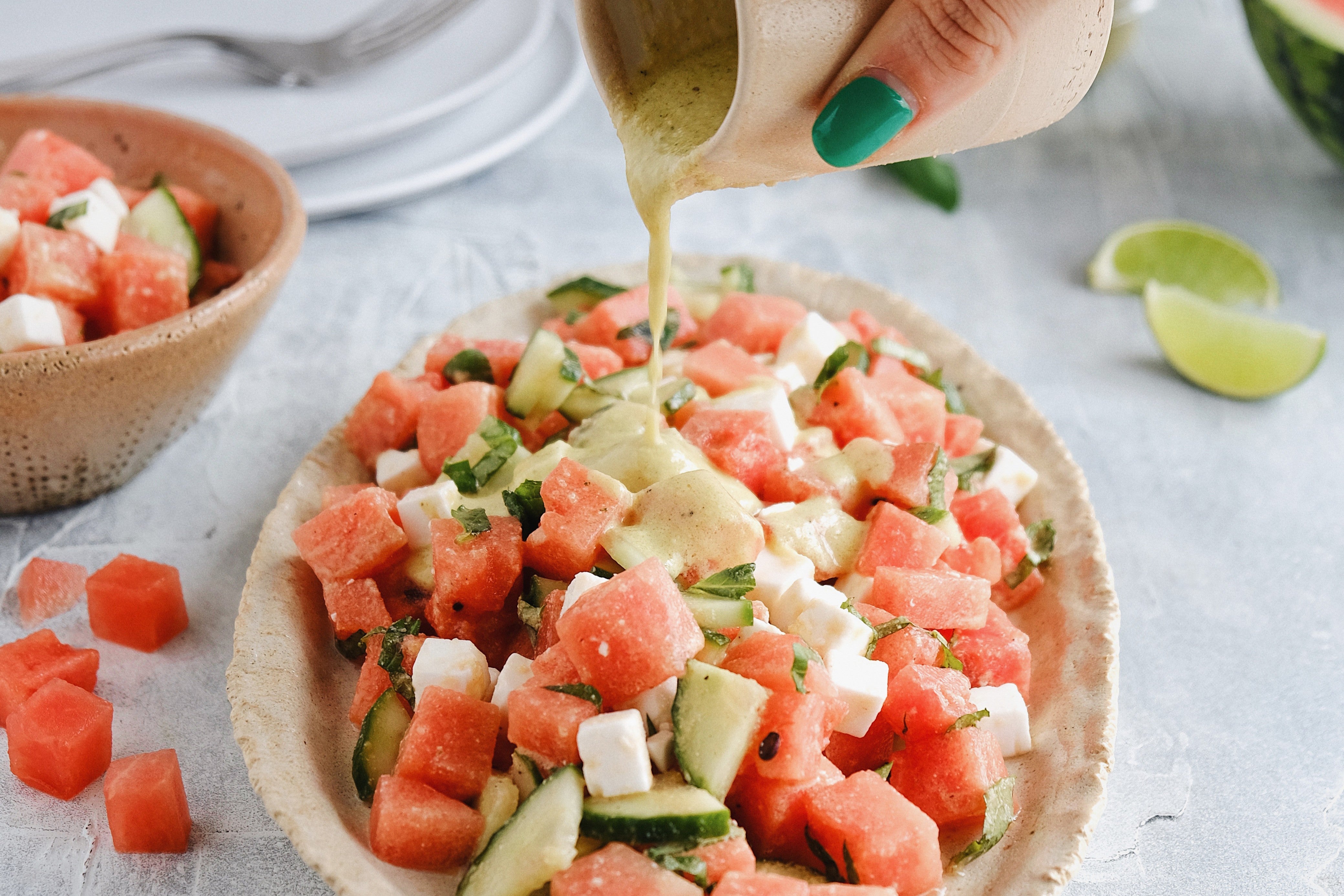 Watermelon Feta Lummus with Basil salad